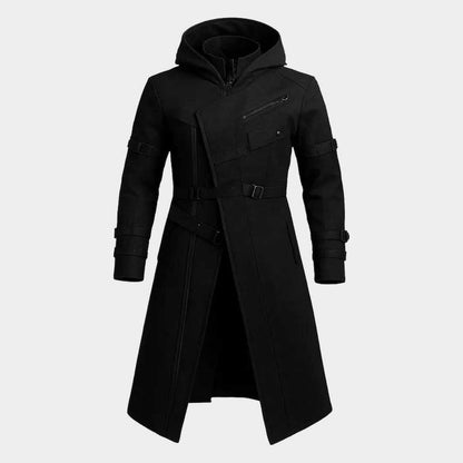 Men's Cyberpunk Trench Coat Hooded Gothic Streetwear Long Black Cotton Blend Handmade