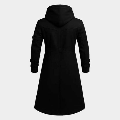 Men's Cyberpunk Trench Coat Hooded Gothic Streetwear Long Black Cotton Blend Handmade