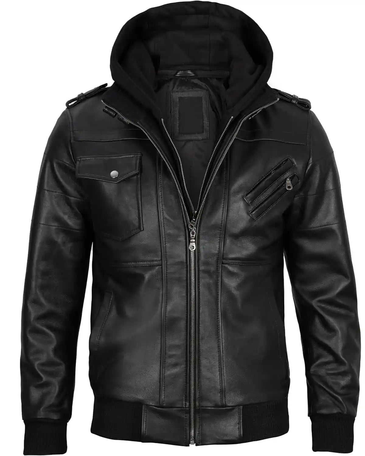 Hooded Genuine Leather Black Bomber Jacket