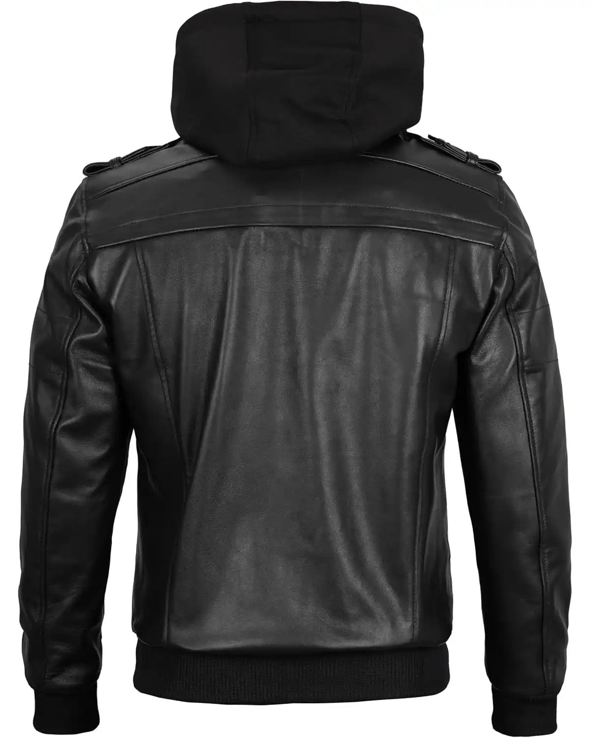 Hooded Genuine Leather Black Bomber Jacket