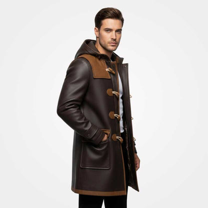 Hooded men's leather duffle coat with wind resistant construction by Jackets Kingdom