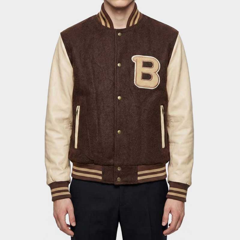 Hotline Miami Payday 2 Brown Varsity Bomber Jacket with Chenille Patch front view showing classic letterman style