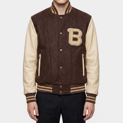 Hotline Miami Payday 2 Brown Varsity Bomber Jacket with Chenille Patch front view showing classic letterman style