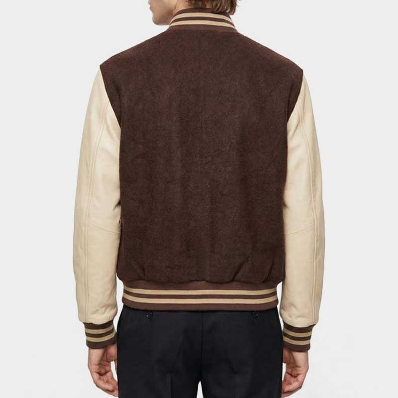 Back view of Hotline Miami Payday 2 Brown Varsity Bomber Jacket showing wool body construction and bomber silhouette