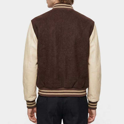 Back view of Hotline Miami Payday 2 Brown Varsity Bomber Jacket showing wool body construction and bomber silhouette