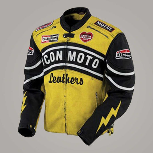 Icon Daytona Yellow Moto Leather Jacket with CE Armor Front View by Jackets Kingdom