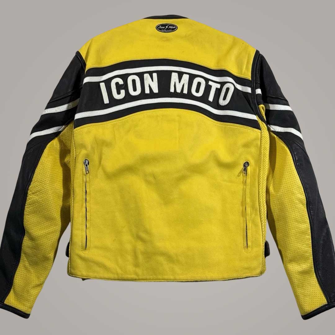 Icon Daytona Yellow Motorcycle Leather Jacket Back View with CE Hump by Jackets Kingdom
