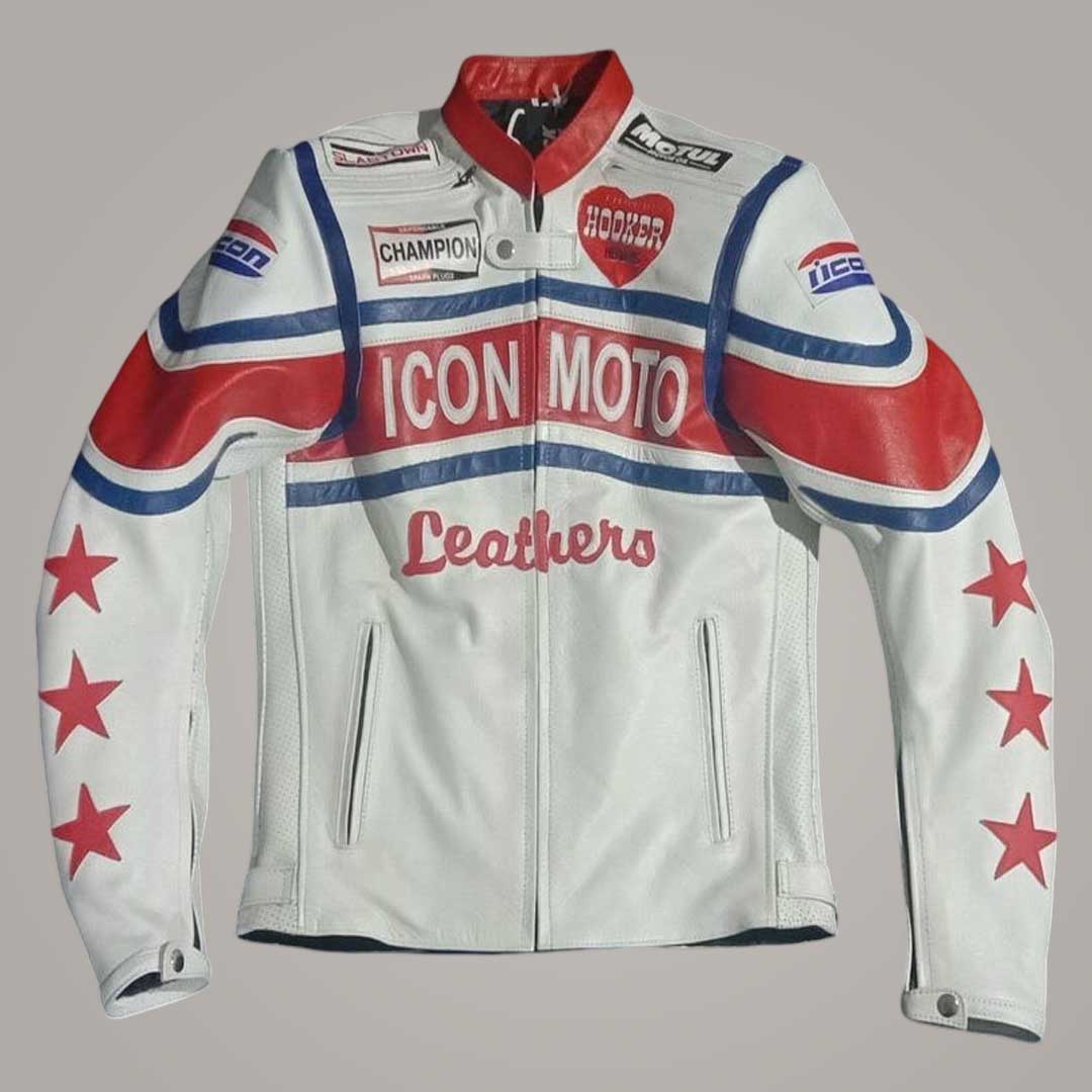 Icon Moto Vintage Red White Blue Leather Racing Jacket Front View by Jackets Kingdom