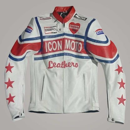 Icon Moto Vintage Red White Blue Leather Racing Jacket Front View by Jackets Kingdom