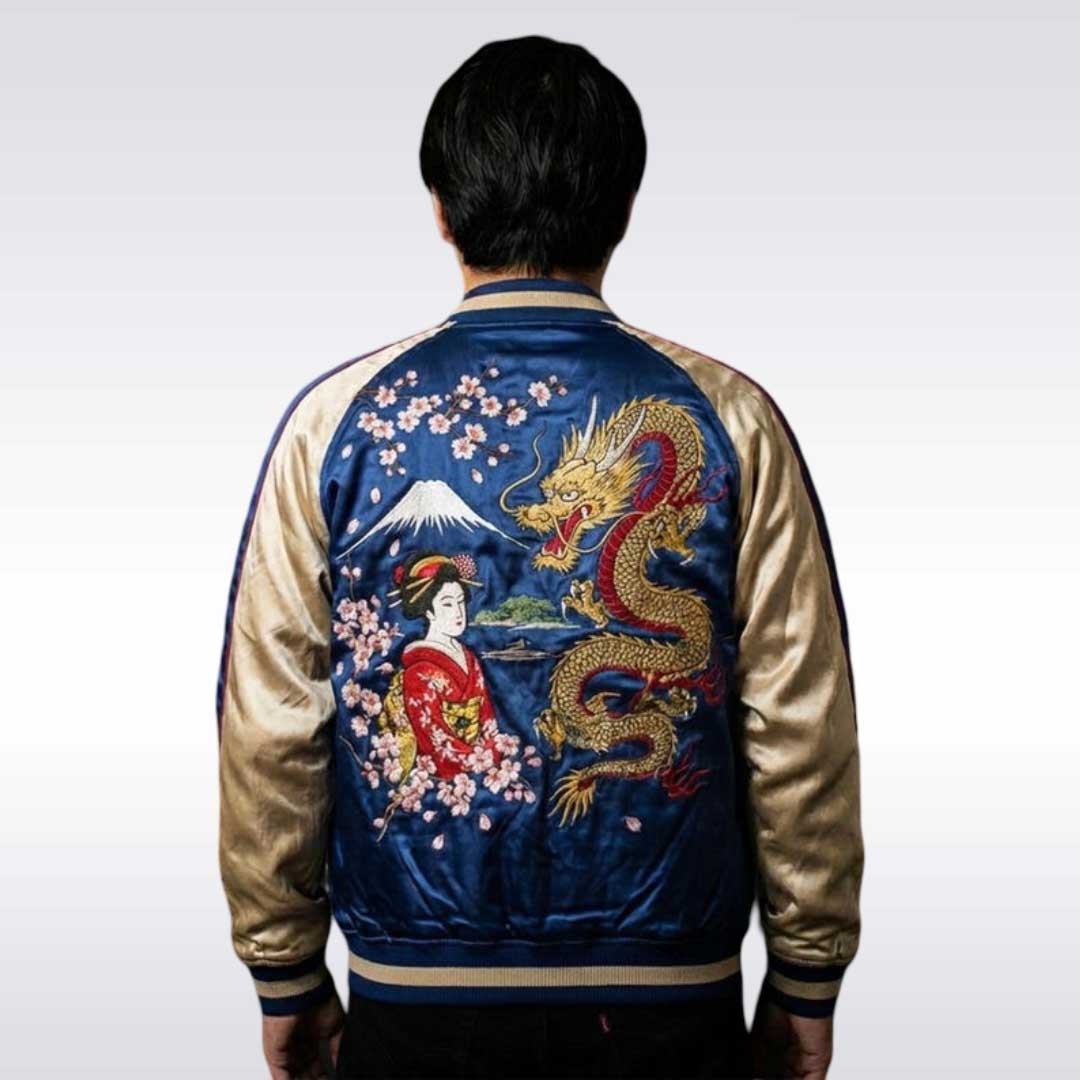 Imperial Garden Sukajan Jacket Golden Dragon Geisha Embroidered Bomber