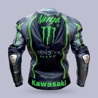 Premium Kawasaki Monster Green leather biker jacket with CE armor