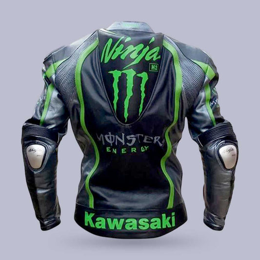 Premium Kawasaki Monster Green leather biker jacket with CE armor