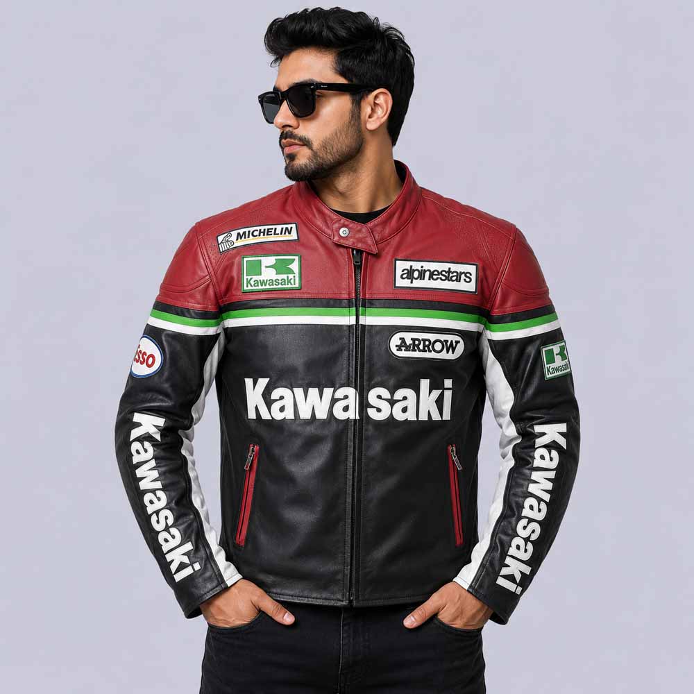 Men's Kawasaki Racing Jacket in Genuine Cowhide Leather with Sport Performance Fit