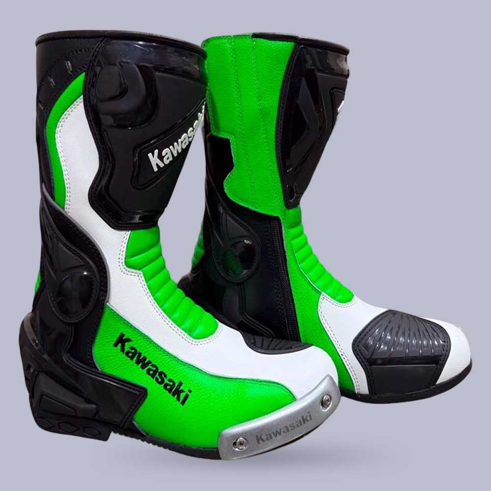 Black Green Kawasaki Ninja Leather Racing Boots for Motorcycle Riders | Jackets Kingdom