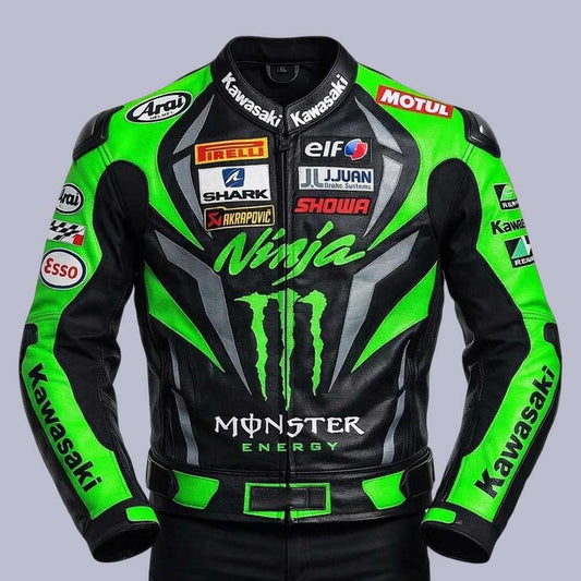 Kawasaki Ninja Racing Leather Motorcycle Jacket in Genuine Cowhide by Jackets Kingdom