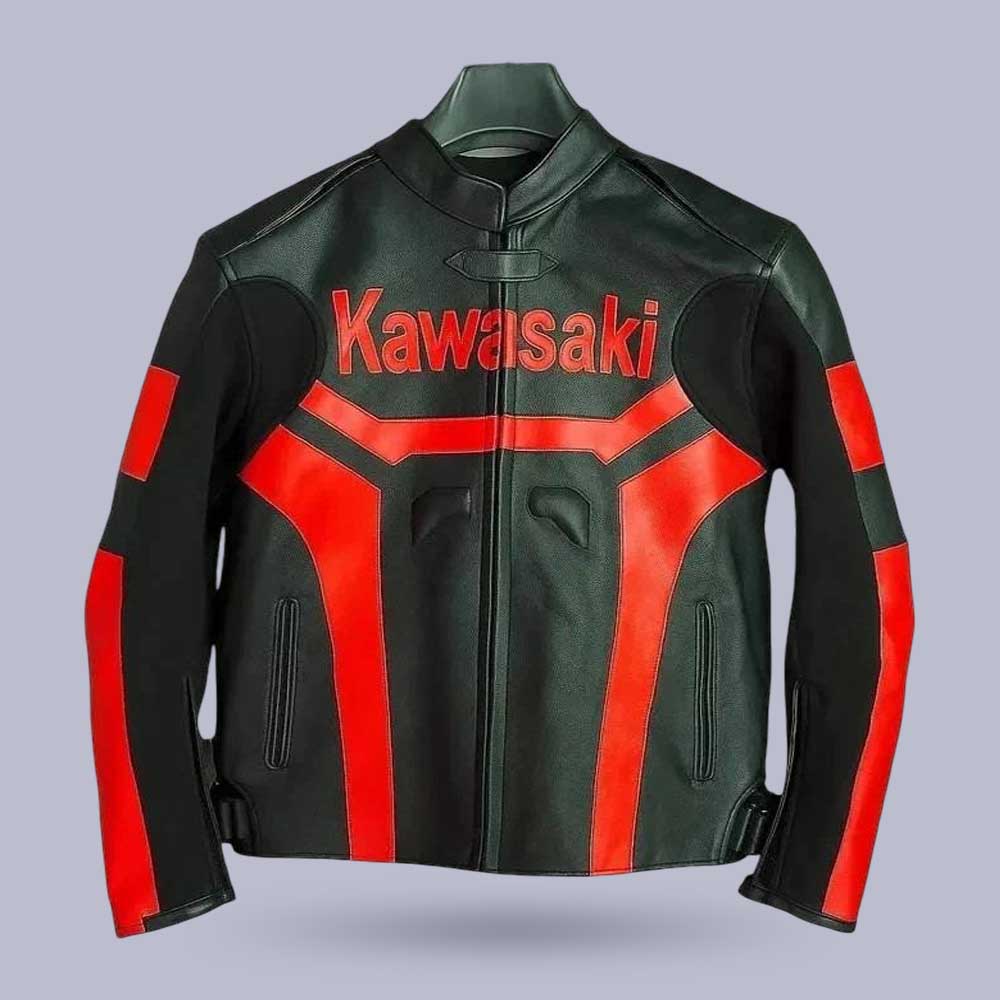 Kawasaki Racing Red Black Cowhide Leather Biker Jacket by Jackets Kingdom