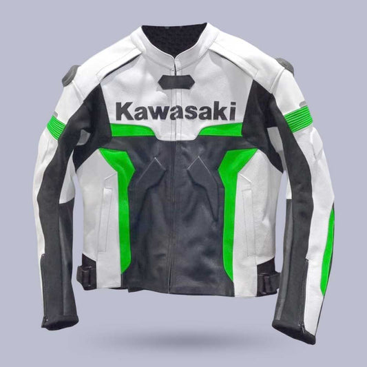 Kawasaki Racing Leather Jacket Green White Genuine Cowhide by Jackets Kingdom
