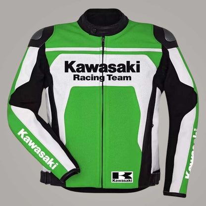 Kawasaki Racing Team Leather Motorcycle Jacket in Green and White Front View by Jackets Kingdom