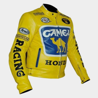 Kevlar Cordura sleeves and CE protection on Honda Camel racing yellow leather jacket by Jackets Kingdom