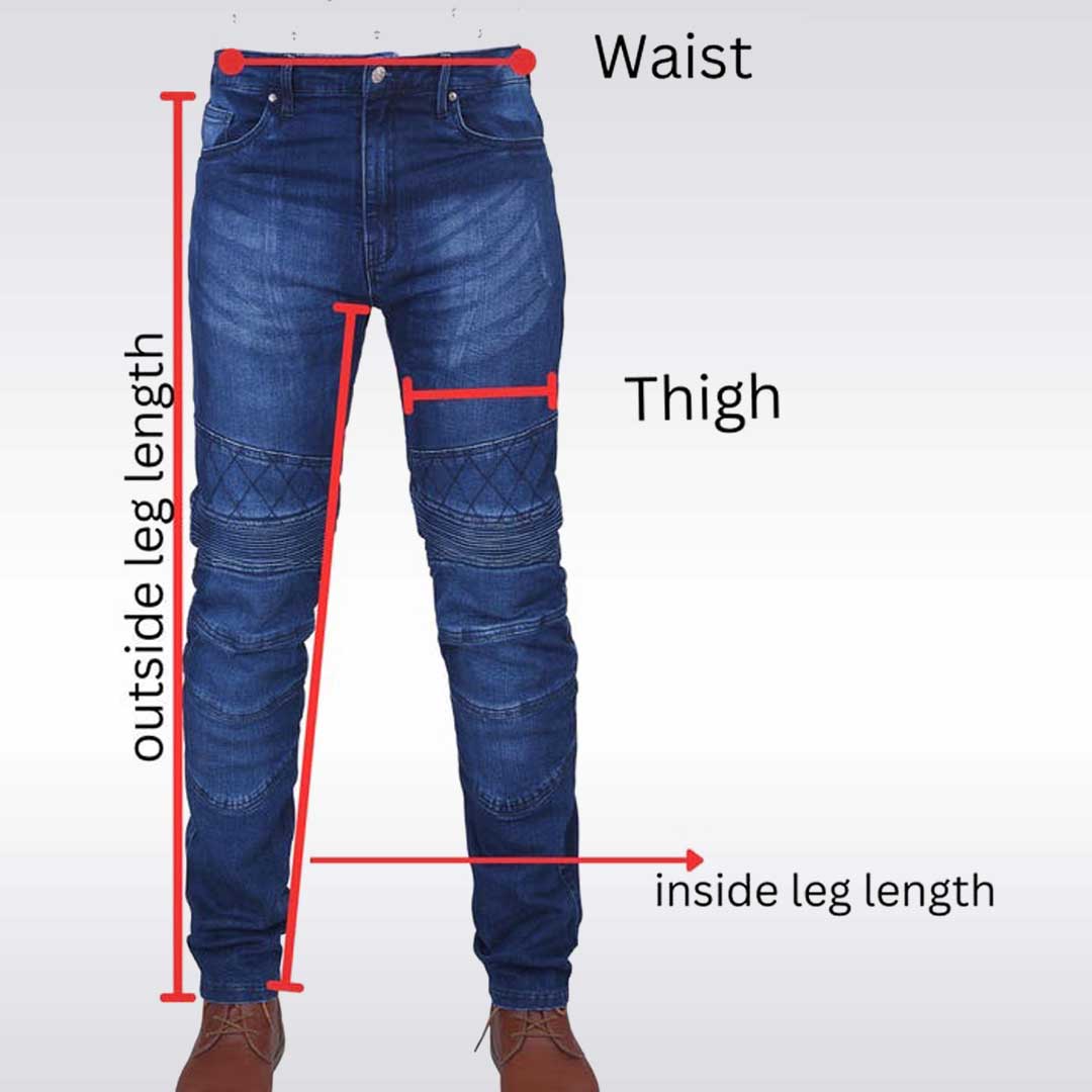 Blue jeans with measurements labeled