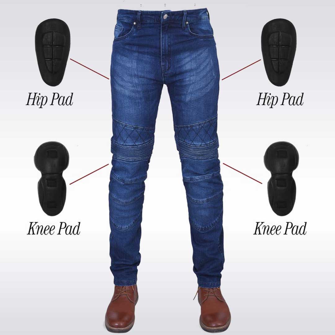 Blue jeans with hip and knee pads