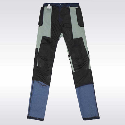 Multicolored work pants with black, gray, and blue sections