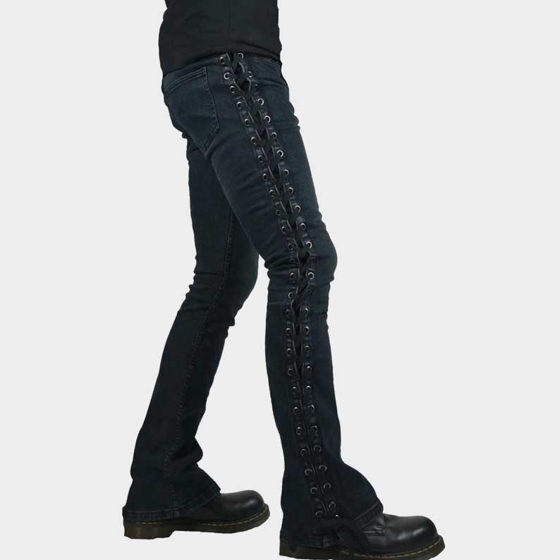 Kill City gothic punk lace up jeans in dirty indigo front view by Jackets Kingdom