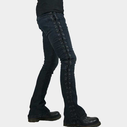Kill City gothic punk lace up jeans in dirty indigo front view by Jackets Kingdom