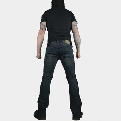 Dirty indigo stage wear jeans with antique nickel trims by Jackets Kingdom