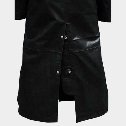 Long black steampunk trench duster with genuine leather construction and hood by Jackets Kingdom
