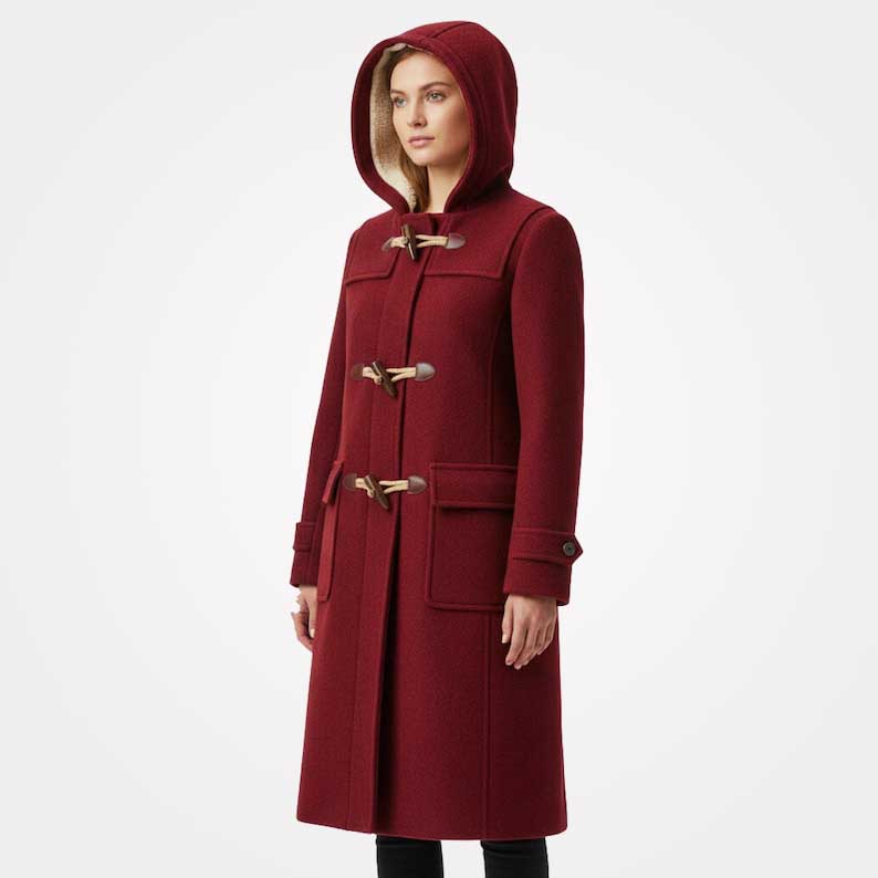 Long hooded duffle coat featuring classic toggle closures by Jackets Kingdom