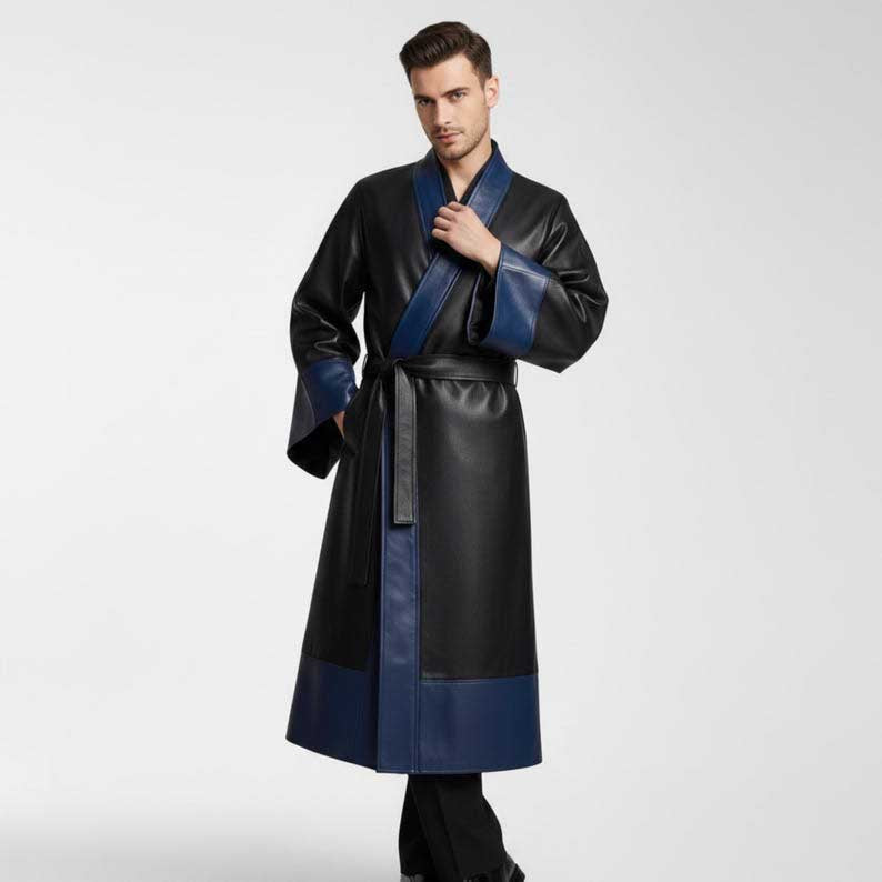 Longline black leather kimono coat with open wrap front by Jackets Kingdom