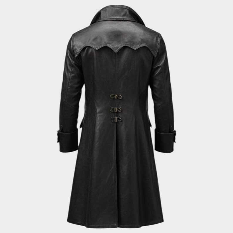 Long pirate trench coat in distressed vintage black leather with Victorian style wide lapel collar by Jackets Kingdom