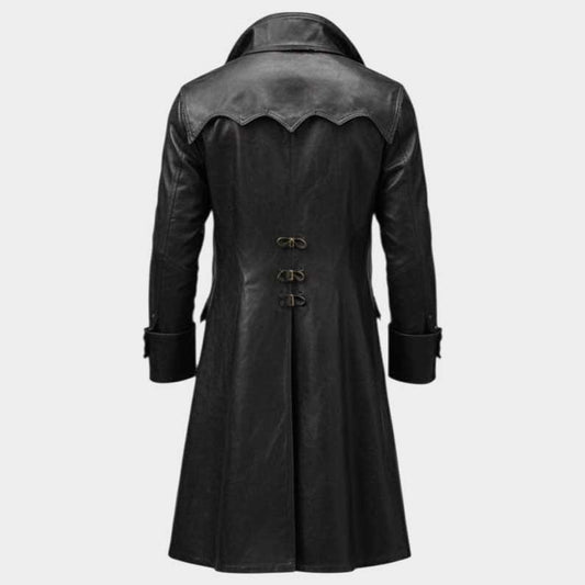 Long pirate trench coat in distressed vintage black leather with Victorian style wide lapel collar by Jackets Kingdom