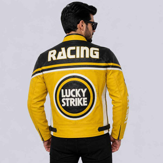 Lucky Strike Yellow MotoGP Leather Racing Jacket Back View