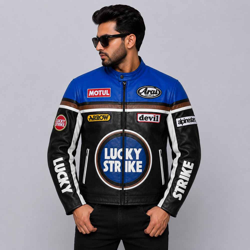 Men Blue and Black Lucky Strike Vintage Cotton Motorcycle Jacket Front View