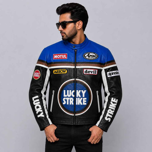 Men Blue and Black Lucky Strike Vintage Cotton Motorcycle Jacket Front View