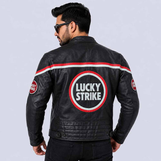 Black Lucky Strike MotoGP Style Leather Jacket Made from Genuine Cowhide Leather