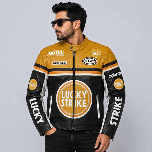 Unisex Lucky Strike Dark Yellow Cowhide Leather Motorcycle Racing Jacket Front View