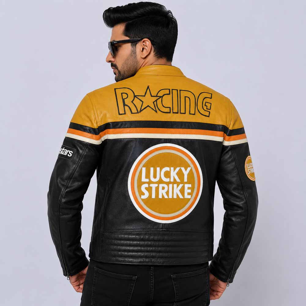 Vintage Lucky Strike MotoGP Leather Jacket in Dark Yellow with Racing Sponsor Patches