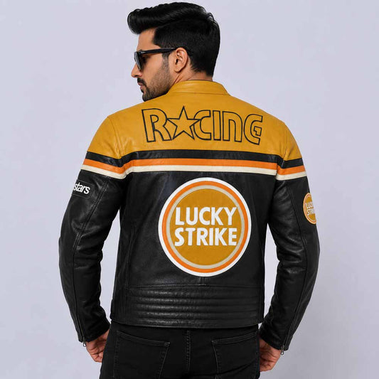 Vintage Lucky Strike MotoGP Leather Jacket in Dark Yellow with Racing Sponsor Patches
