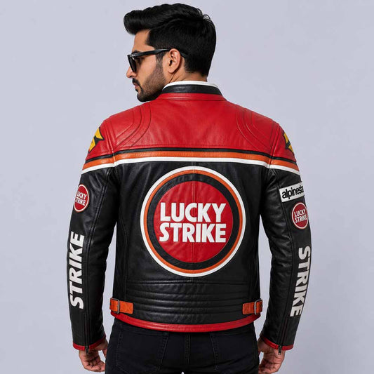 Premium Lucky Strike Leather Racing Jacket with Michelin Motul and Arrow Graphics