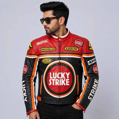 Unisex Lucky Strike Black Cowhide Leather Streetwear Racing Jacket Front View