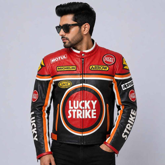 Unisex Lucky Strike Black Cowhide Leather Streetwear Racing Jacket Front View