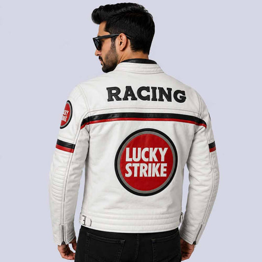 White and Black MotoGP Inspired Lucky Strike Motorcycle Leather Jacket