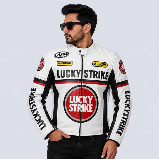 Unisex White and Black Lucky Strike Racing Leather Jacket in Genuine Cowhide Front View