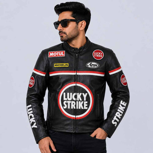 Unisex Lucky Strike Black Cowhide Leather Racing Motorcycle Jacket with CE Armor Front View