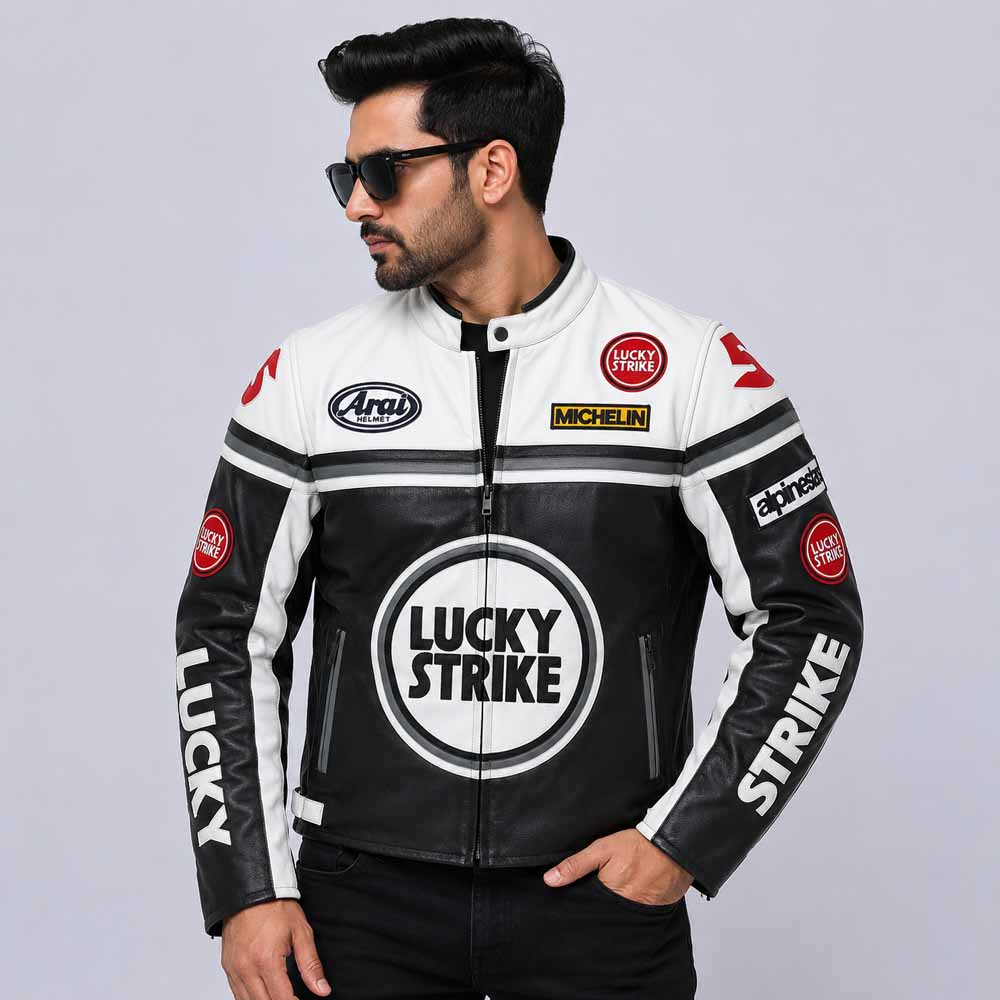 Men's Lucky Strike Cowhide Leather Racing Jacket with CE Level 2 Armor