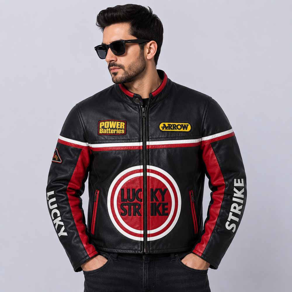 Men's Lucky Strike Black Cowhide Leather Motorcycle Jacket with Vintage Racing Style