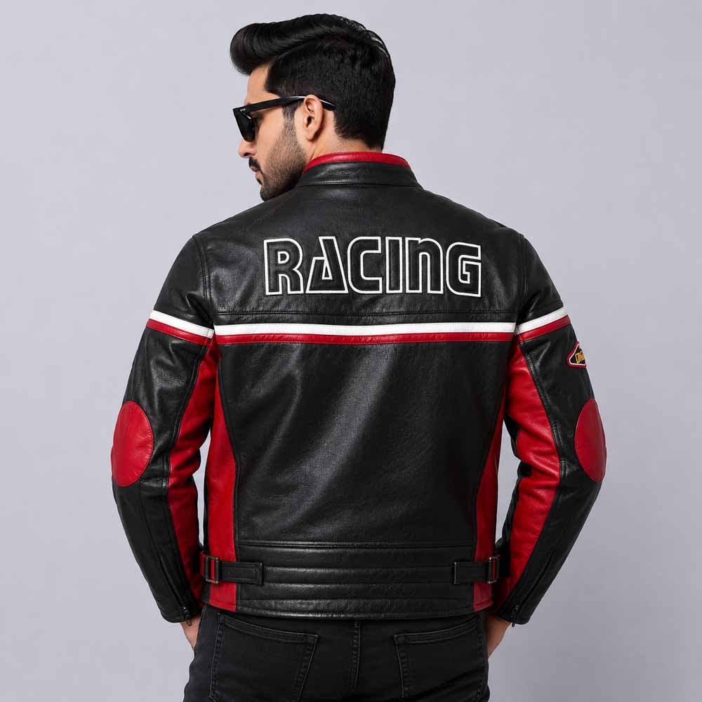 Men's Lucky Strike Black Cowhide Leather Motorcycle Jacket with Vintage Racing Style